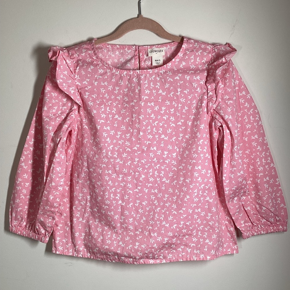 Crewcuts J Crew S 6-7 Girl Blouse Pink White Print Ruffle Long Sleeve Top Shirt